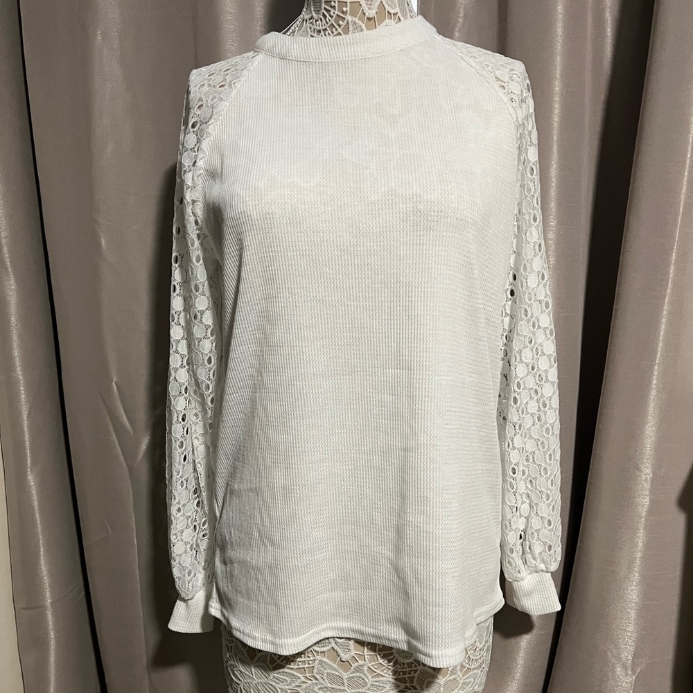MIHOLL Womens Long Sleeve Casual Lace White Top